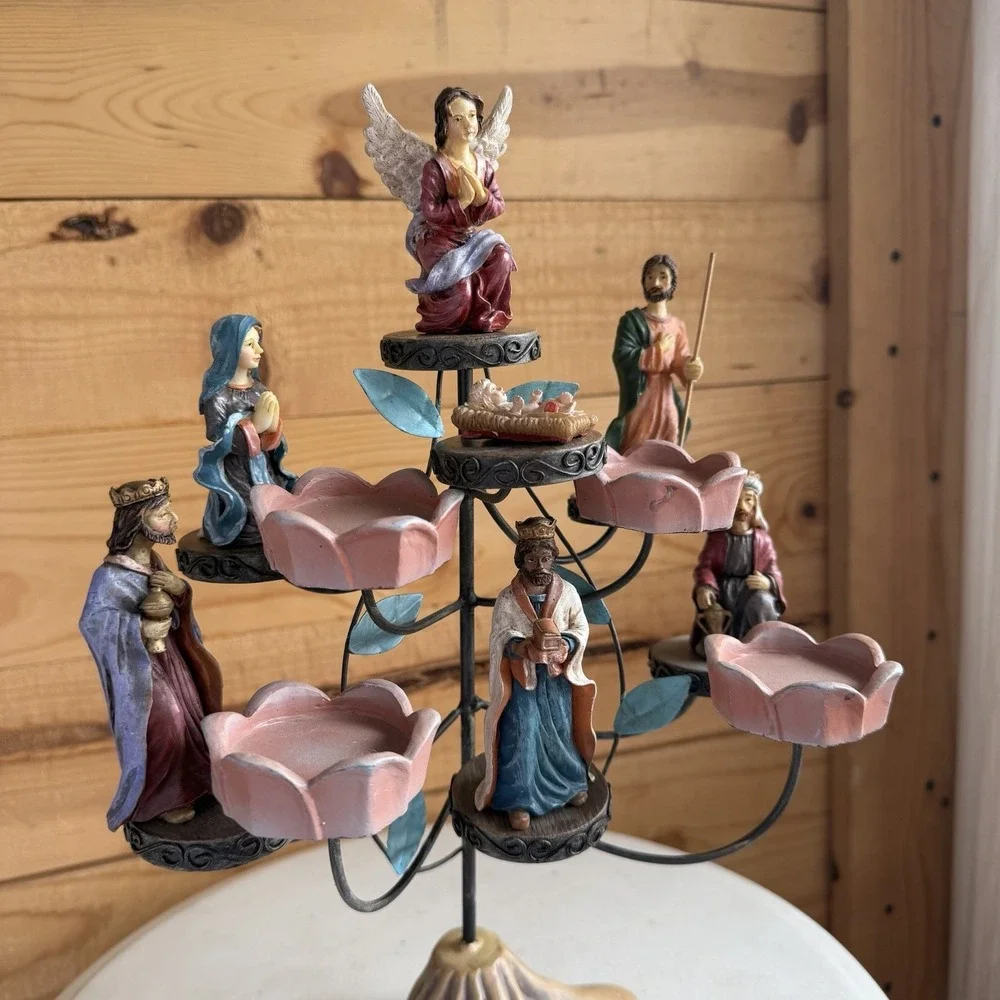 Christmas Candelabra Nativity Set Tree Tea Candle Holder‎ Religious Decor *Flaw